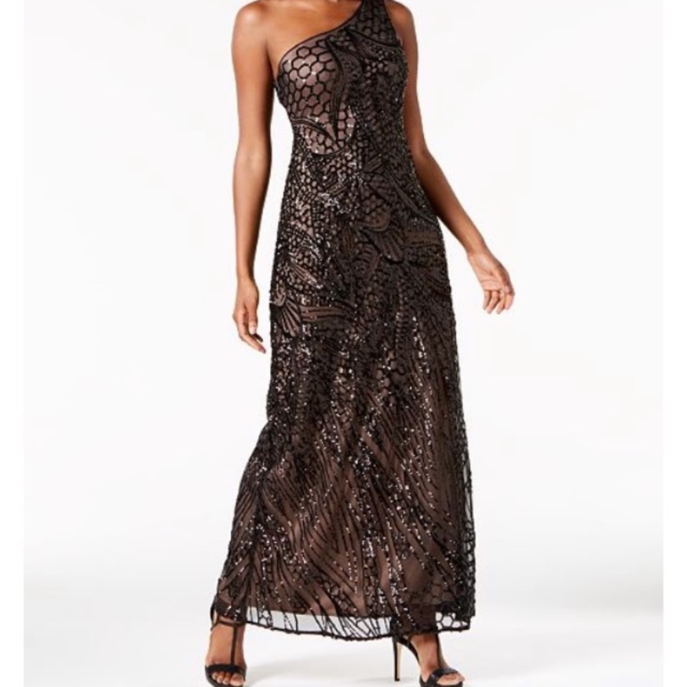 R & M Richards Black Sequin One Shoulder Dress